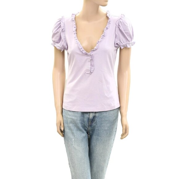 Maeve Anthropologie Puff-Sleeve Ruffle Henley Tee Blouse Top Ruffle XXS 280100 - Picture 3 of 7